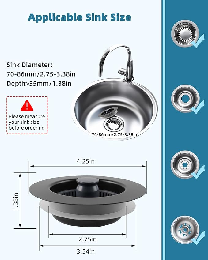 Universal 3 in 1 Kitchen Sink Drain Strainer Stopper Combo, Anti-Clog and Easy