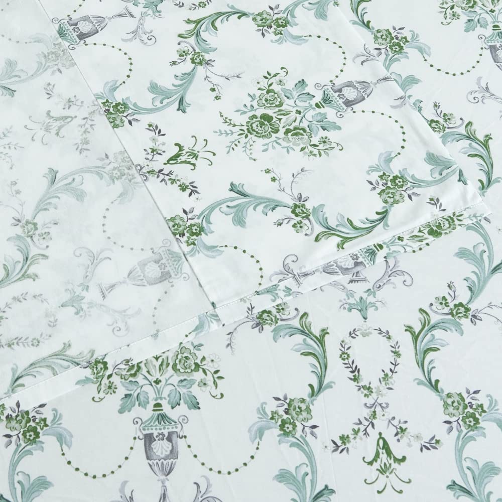 DAUAOTO 100% Cotton Sheets Set Twin Size Printed Bedding Sets, Up to 14" Deep Mattress, Botanical Vines Pattern Bedlinen Set, Green