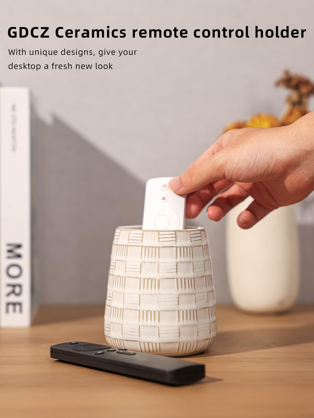 GDCZ Ceramic TV Remote Control Holder, Makeup Brush Pen Holder (White)