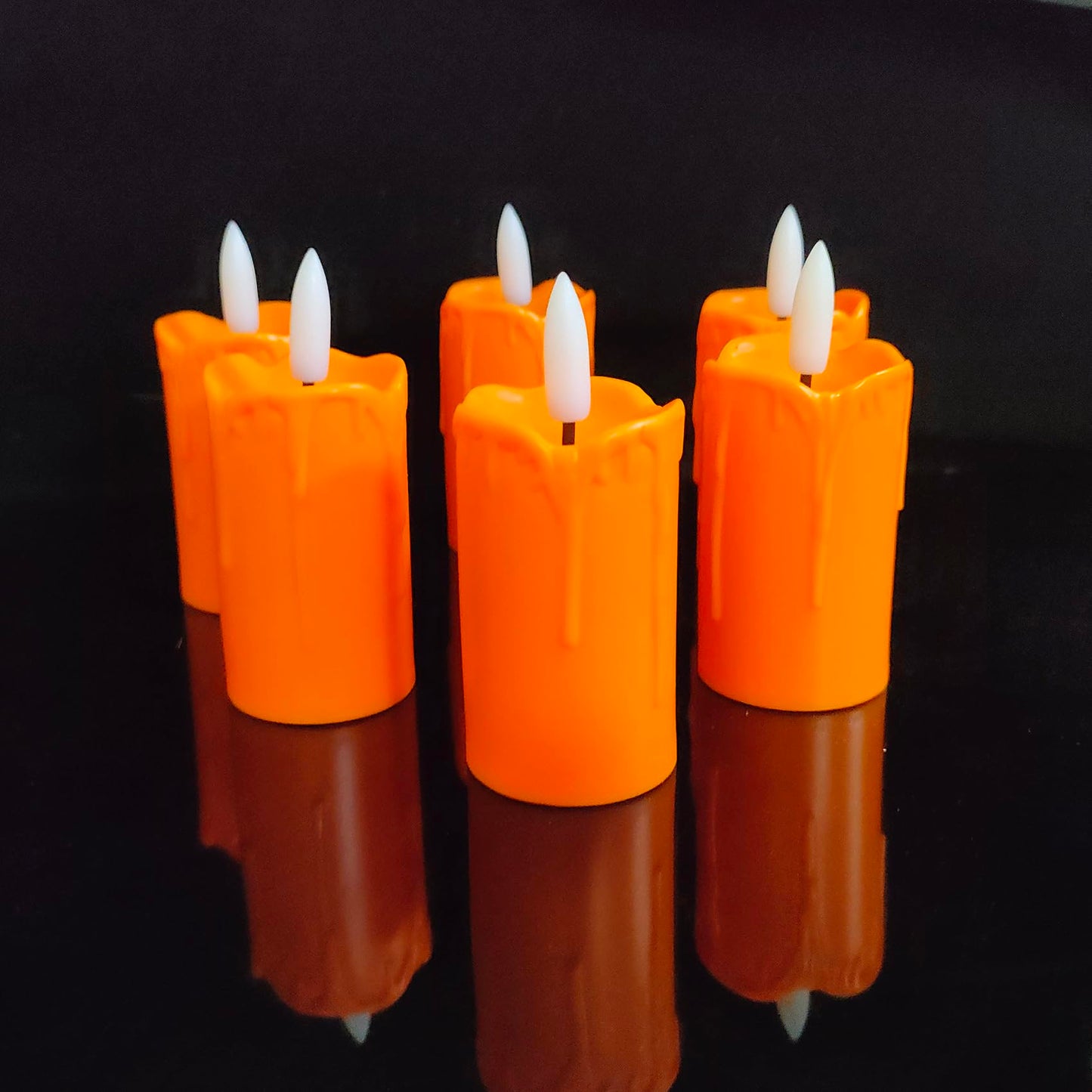 6 Pack LED Flameless Votives with Built-in Timer Realistic Black Wick Drips Battery Operated Electric Candle Set for Home Party Wedding Halloween Christmas Decorations 1.5” D x 3.5” H, Orange