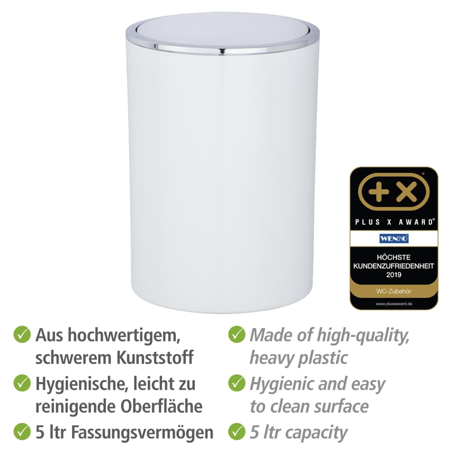 WENKO Inca Trash Can with Lid, Waste Bin with Swing Lid, Small Trash Can, Mini Trash Can, Small Garbage Can, Small Waste Basket, 1.3 Gal, Ø 7.28 x 10.04 in, White