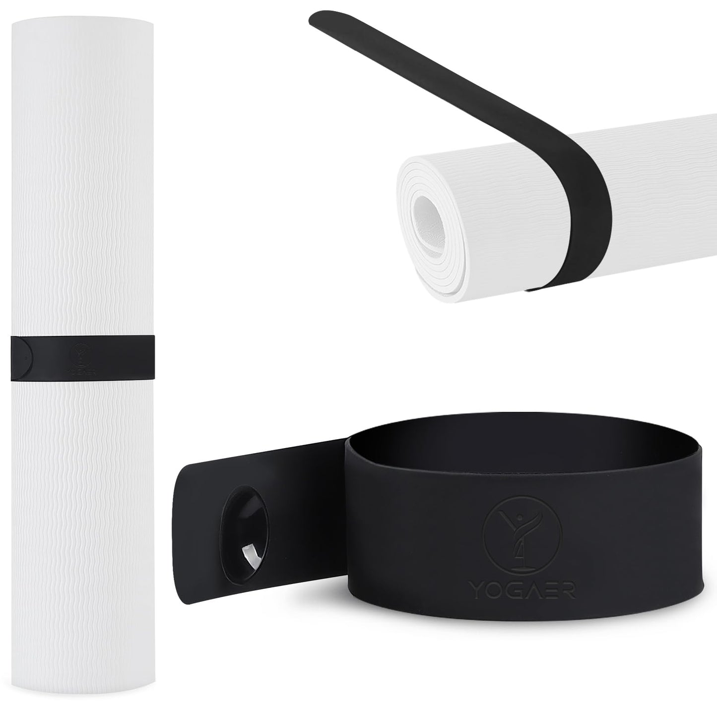 Yoga Mat Strap Slap Band- Extended Silicone Self-Rolling Mat Tie with Suction Cup Grip - Silent Snap Holder & Carrier for Thick Mats, Foam Rollers(25"L x 2"W) (Black)