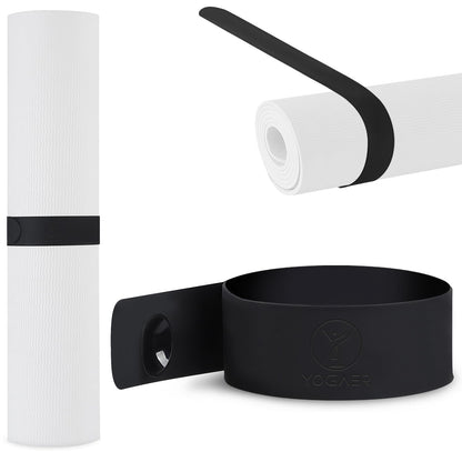 Yoga Mat Strap Slap Band- Extended Silicone Self-Rolling Mat Tie with Suction Cup Grip - Silent Snap Holder & Carrier for Thick Mats, Foam Rollers(25"L x 2"W) (Black)