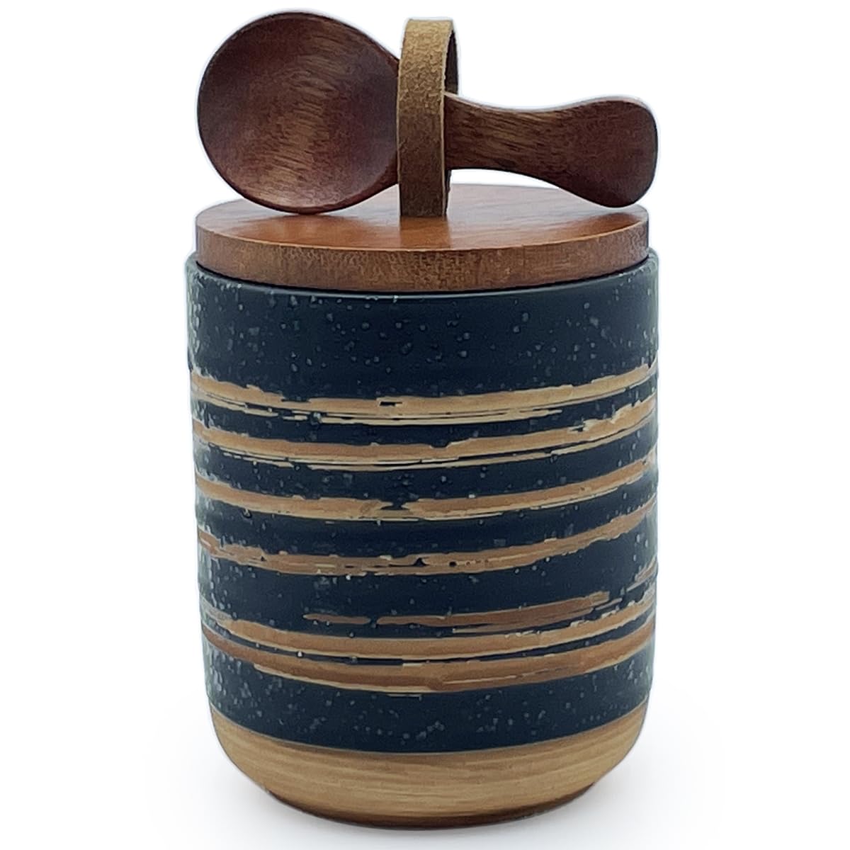EWEIGEER 10oz Ceramic Food StorageContainer with Lid & Spoon,Sugar Bowl,Airtight Coffee Matcha Containe,Loose Leaf Tea Storage,Salt Cellar,Spice Jar(Black Spiral Pattern)