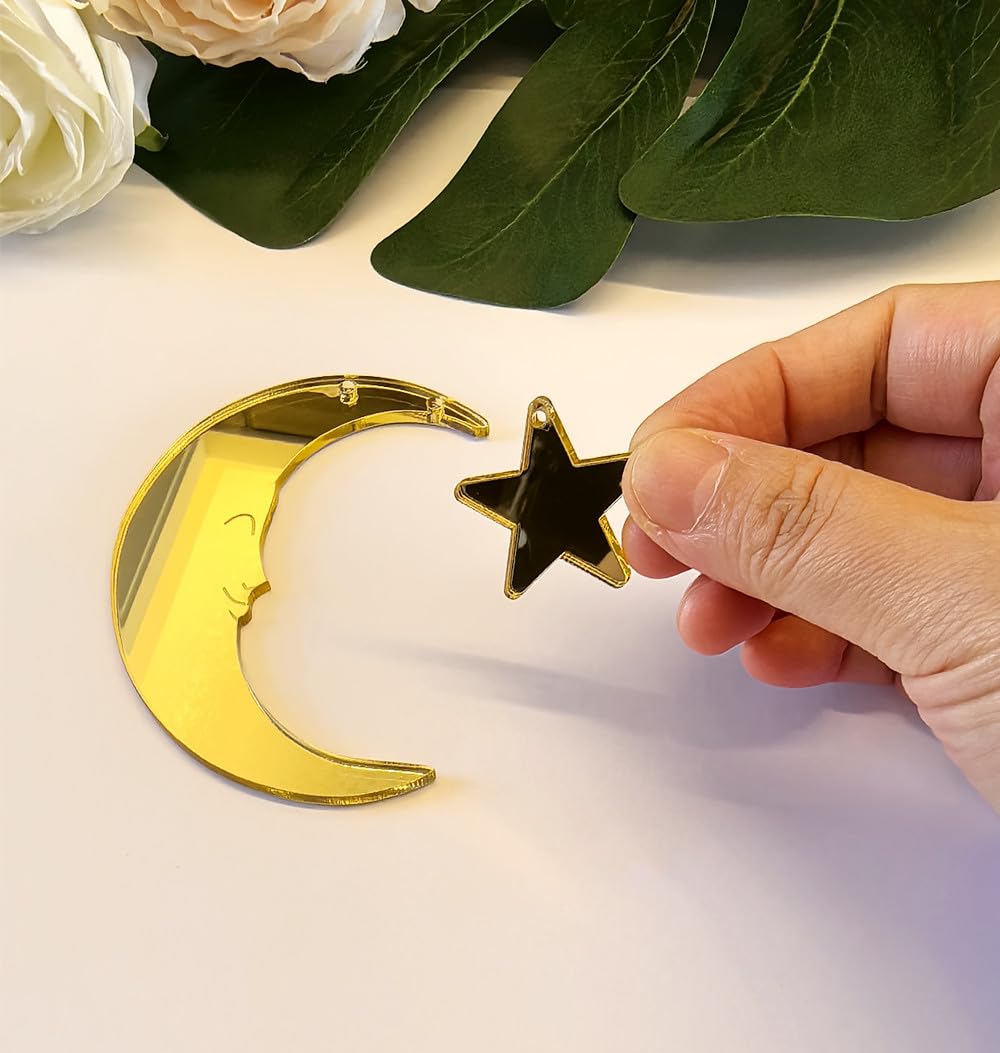 Set of 20 Crescent Moon and Star,Christmas Moon and Star Hanging Ornament for Window &Christmas Tree Decoration (Gold Mirror)