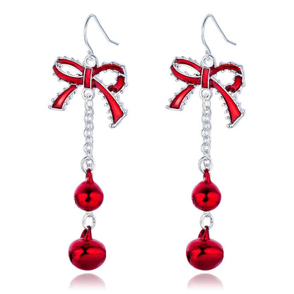Lightweight Christmas Red Bow Knot Piercing Dangle Earrings Jingle Tassels Silver Plated Women Holiday Gift