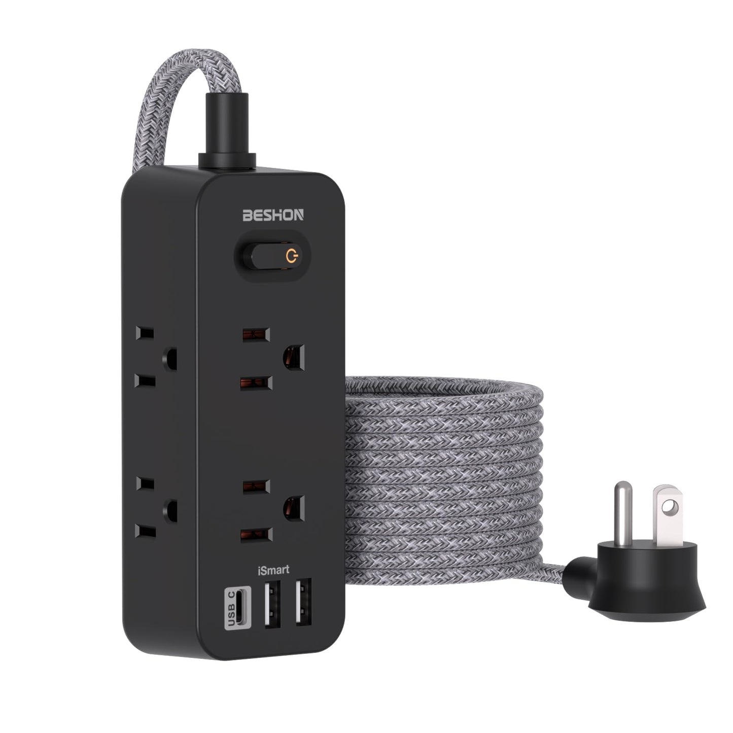 Power Strip Surge Protector, BESHON 5Ft Extension Cord, 6 Outlets with 4 USB Ports (2 USB C Outlet), 3-Side Outlet Extender, Wall Mount, Compact for Travel, Home, School, College Dorm Room and Office