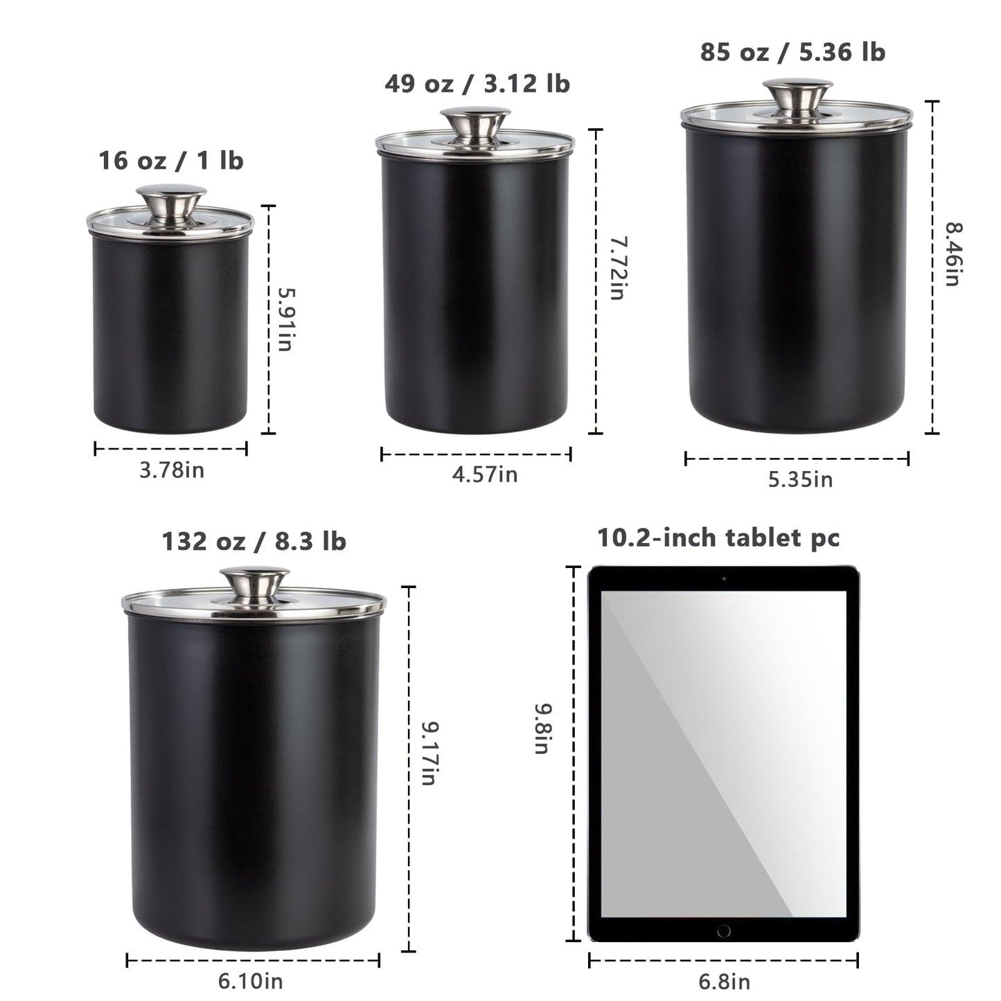 malmo Stainless Steel Food Canister Set of 4-Piece, 16/49/85/132 Ounces,Airtight Containers with Glass Lid for Tea,Coffee,Sugar,Flour,Pantry Kitchen Storage Storeroom Counter (Black)
