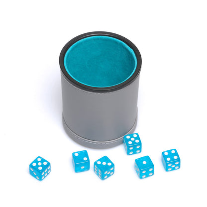 RERIVER Leatherette Dice Cup Set Lake Blue Velvet Interior Quiet in Shaking with 6 Matching Translucent Dot Dice for Liars Dice Farkle Yahtzee Board Games, 1 Pack