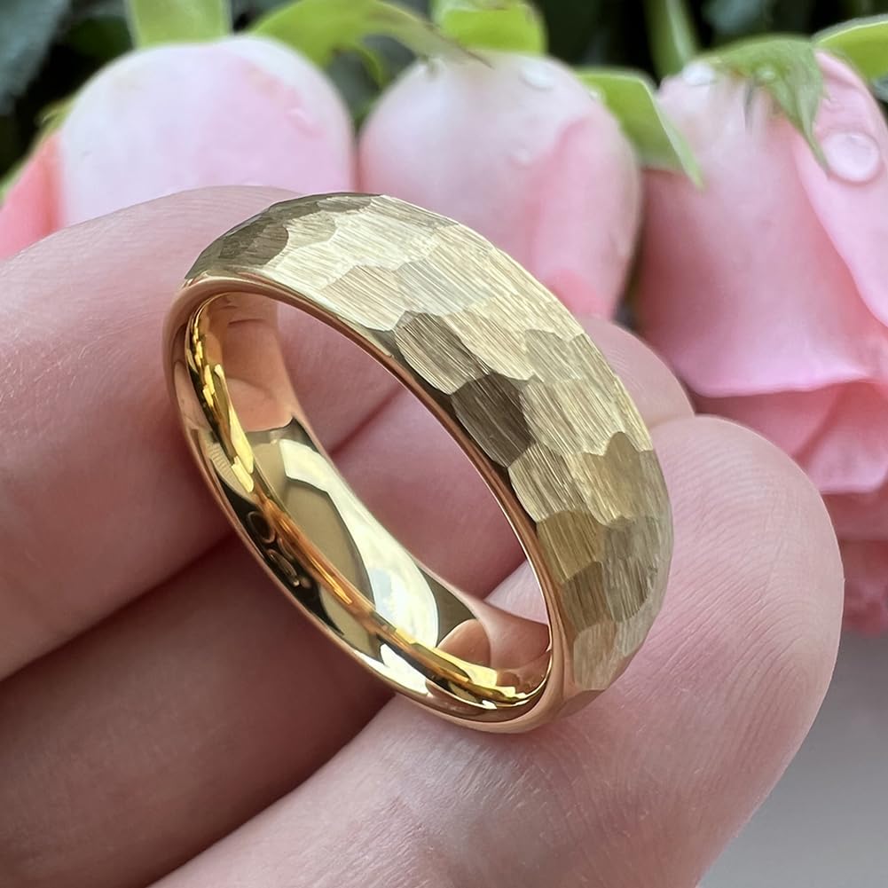 TUTISS 6mm Gold Hammered Tungsten Rings for Men Women Engagement Wedding Bands Domed I Love You Engraved Comfort Fit Size 5