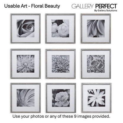 GALLERY PERFECT 12x12 Picture Frames, 9 Piece Set with Real Glass Cover for 8x8 Photos With Mat, Picture Frames Collage Wall Decor for Gallery Wall, Home Decor, Grey