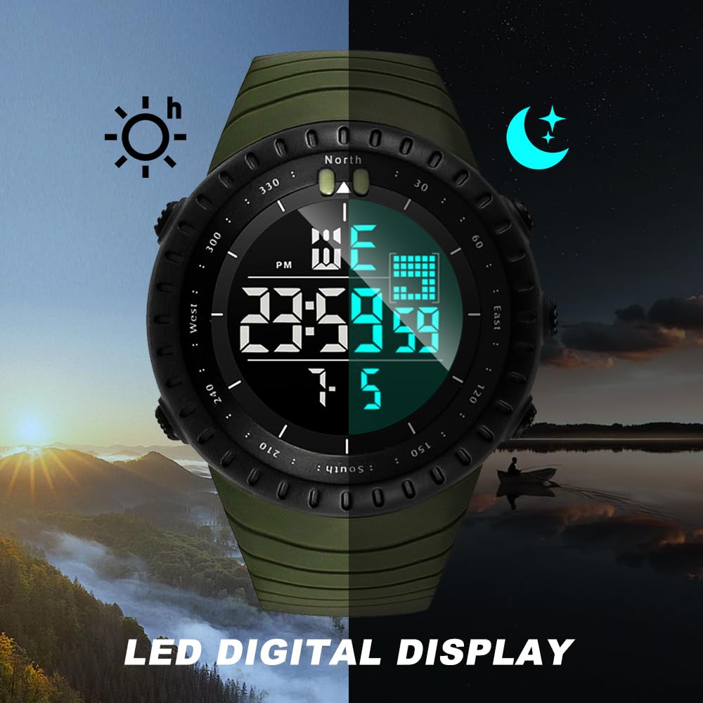 KXAITO Men's Watches Sports Outdoor Waterproof Military Watch Date Multi Function Tactics LED Face Alarm Stopwatch for Men (6256 Military Green Band Black Dial)