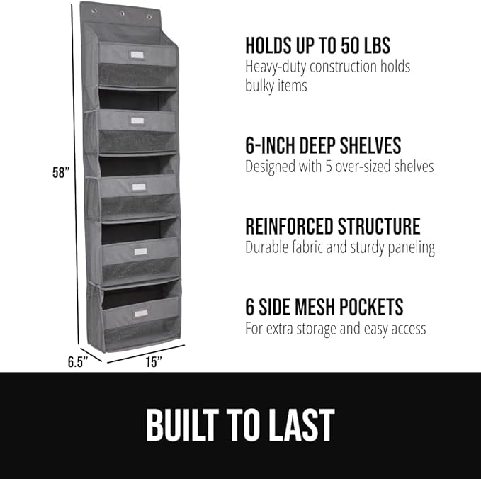 GORILLA GRIP Over The Door Organizer Storage, 5 Deep Hanging Shelves, Holds