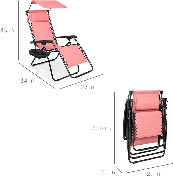 Best Choice Products Folding Zero Gravity Outdoor Recliner Patio Lounge Chair w/Adjustable Canopy Shade, Headrest, Side Accessory Tray, Textilene Mesh - Pink