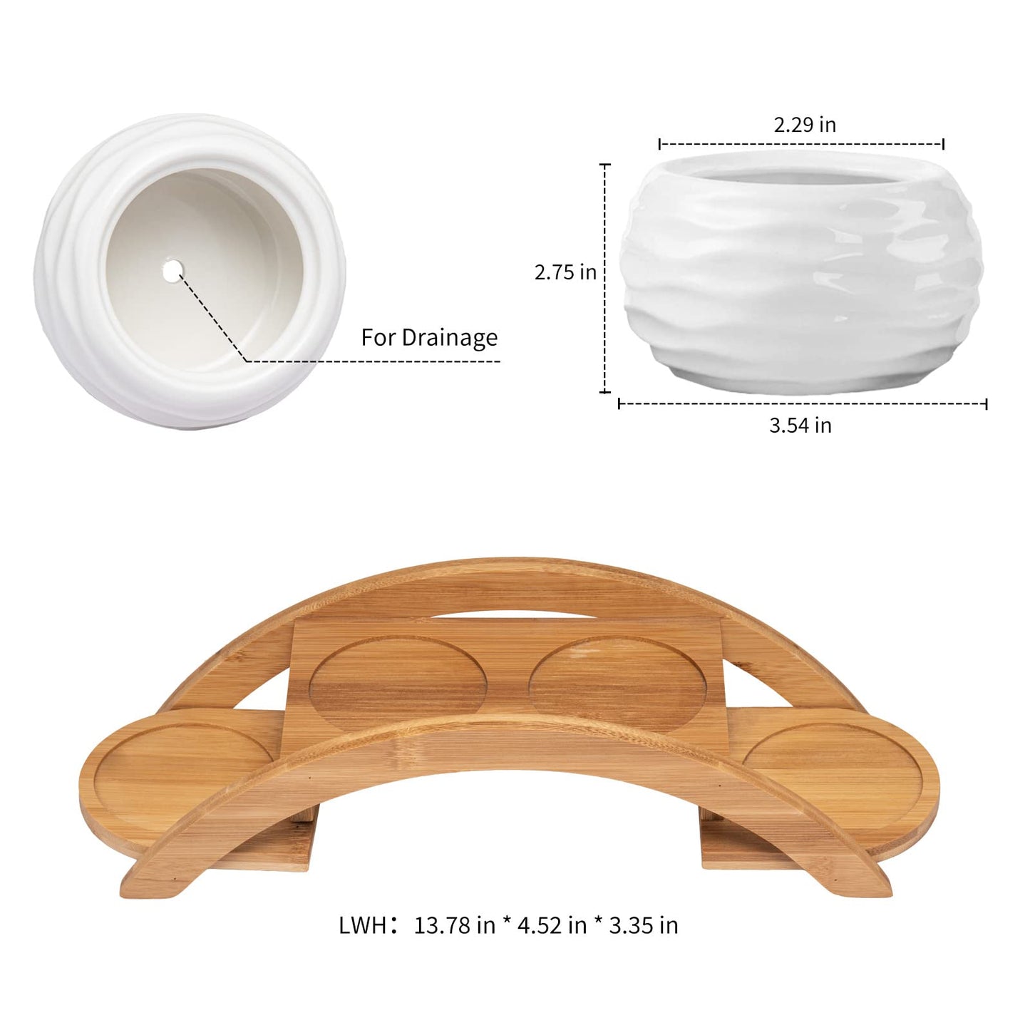 E-liu Succulent Pots and Stand Set, Ceramic White Succulent Planter Pot with Drainage, Pack of 4, Cute Office Garden Indoor Decoration, Plants Not Included