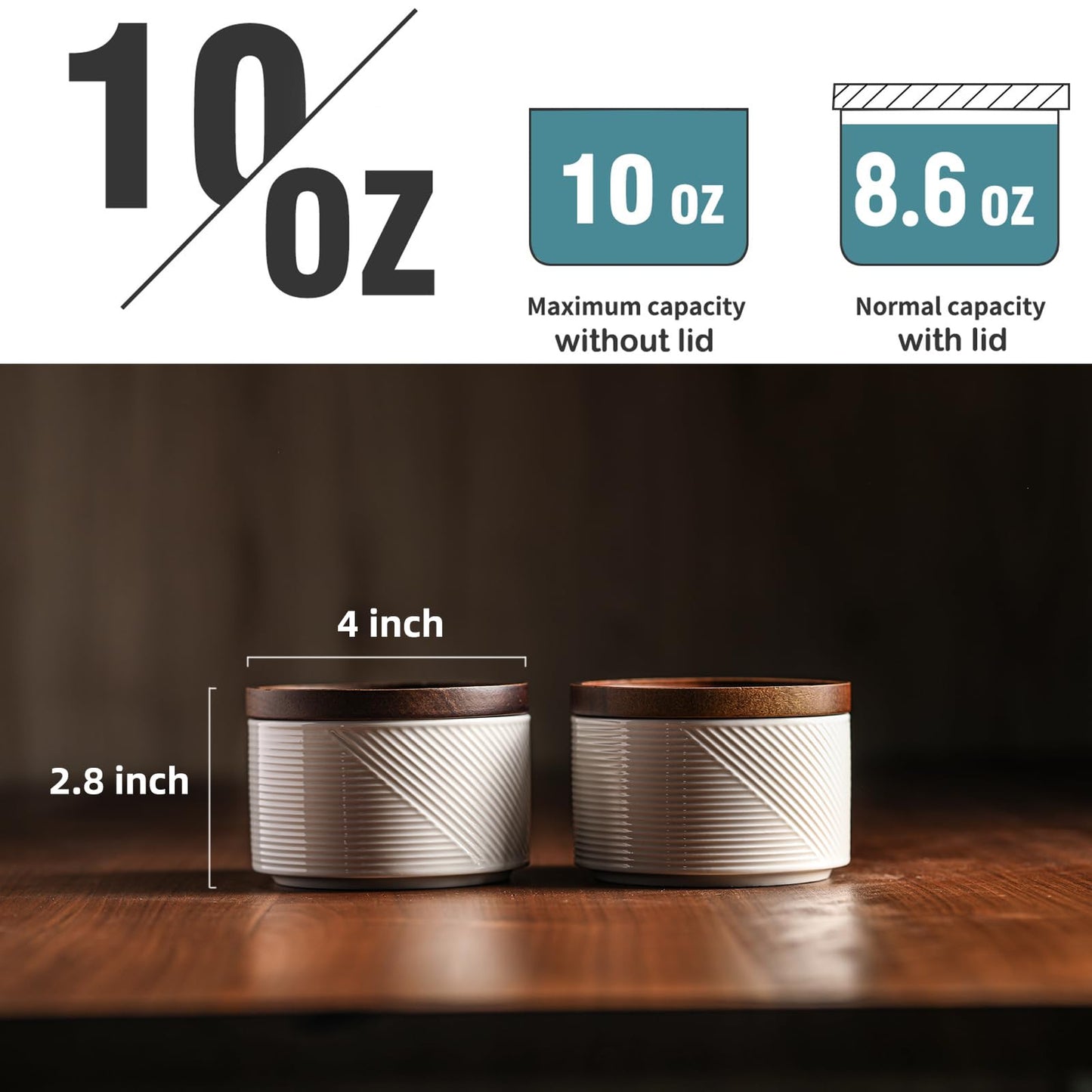 Adewnest Salt and Pepper Bowls: 10 oz Ceramic Stackable Spice Cellar with Wooden Lid - Stacked Seasoning Storage Containers for Countertop Stovetop - Striped, White