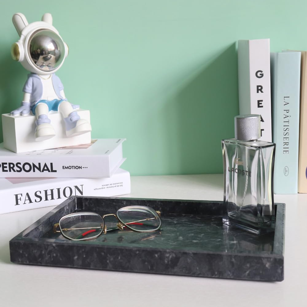 Kesoniku African Natural Marble Tray, 11.8"x7.8" Coffee Table Vanity/Decorative Tray for Jewerly, Watch, Perfume, Rectangle Genuine Marble Stone for Bedroom/Bathroom/Kitchen Countertop