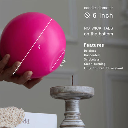 MOZEAL Hand-Poured, 6 Inch Hot Pink Large Round Ball Candles - Elegant Hot Pink Round Pillar Candles, Dripless, Unscented, Smokeless, Ideal for Parties and Celebrations.