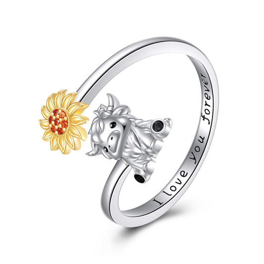 JBAERD Highland Cow Ring Sterling Silver Adjustable Cow Ring Sunflower Animal Jewelry Gifts for Women