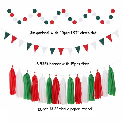 Red-Green White Christmas Party-Decorations - 33pcs Banner,Mexico Italy Streamers Tassel Garland,Tissue Pom Poms Honeycomb,Paper Lantern Fans,Mexican Italian Birthday Wedding Baby Shower Decor Hugtmr