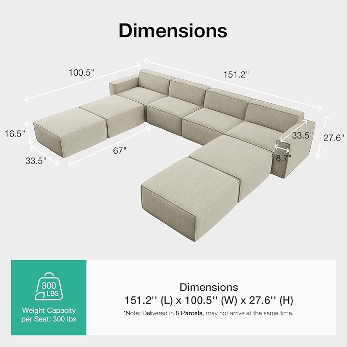 Novilla 151.2" Modular Sectional Sofa, No Assembly Cloud Sectional Couch