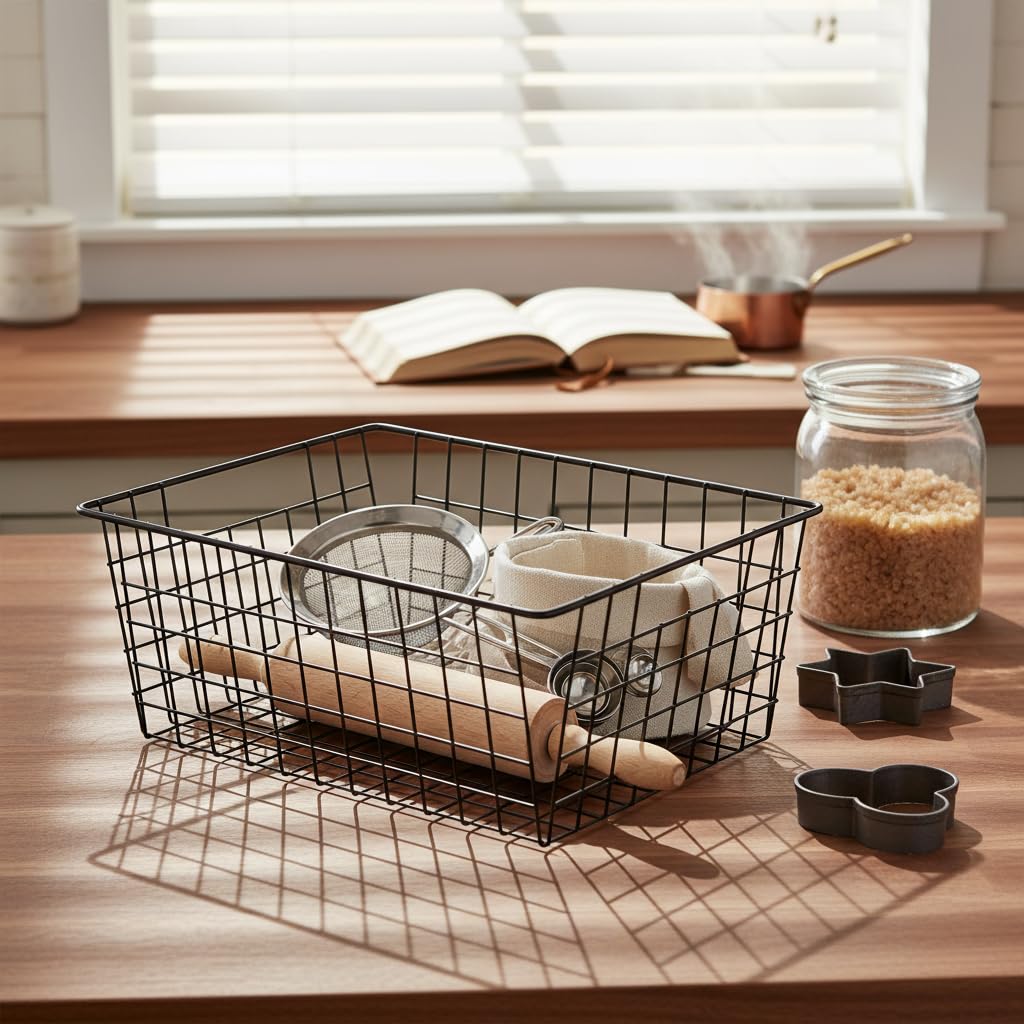 Aeggplant Kitchen Metal Wire Baskets Farmhouse Decor Metal Food Storage Organizer,Household Refrigerator Bin with Built-in Handles for Cabinets,Pantry,Bathroom,Black