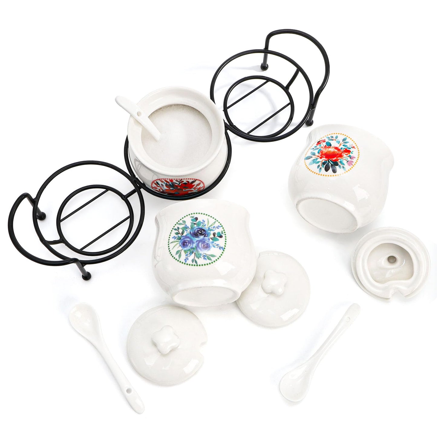 ELFULLY 3 Pcs Ceramic Condiment Jars, 7 Oz Small Sugar Bowls with Lids Spoons and Shelf, Round Spice Container Pot Set for Salt Pepper, Empty Seasoning Box for Kitchen Restaurant Home, White