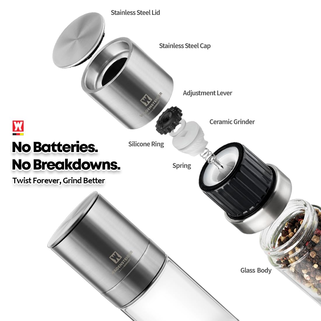 WAGENSTEIGER Manual Pepper Grinder 140mm Adjustable Ceramic Grinder, Stainless Steel & Glass Salt Pepper Mill, Refillable Spice Grinder
