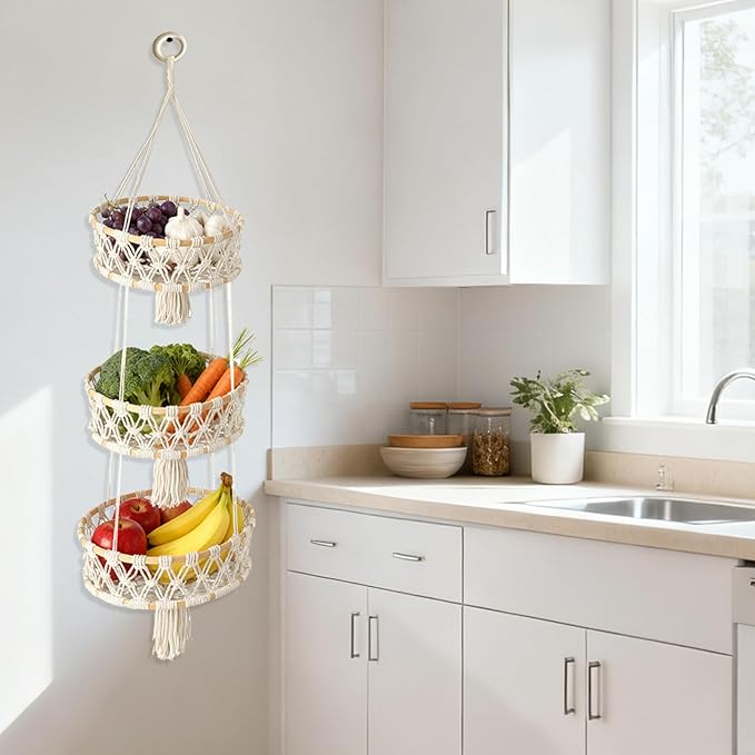 3 Tier Hanging Fruit Basket, Macrame Hanging Basket