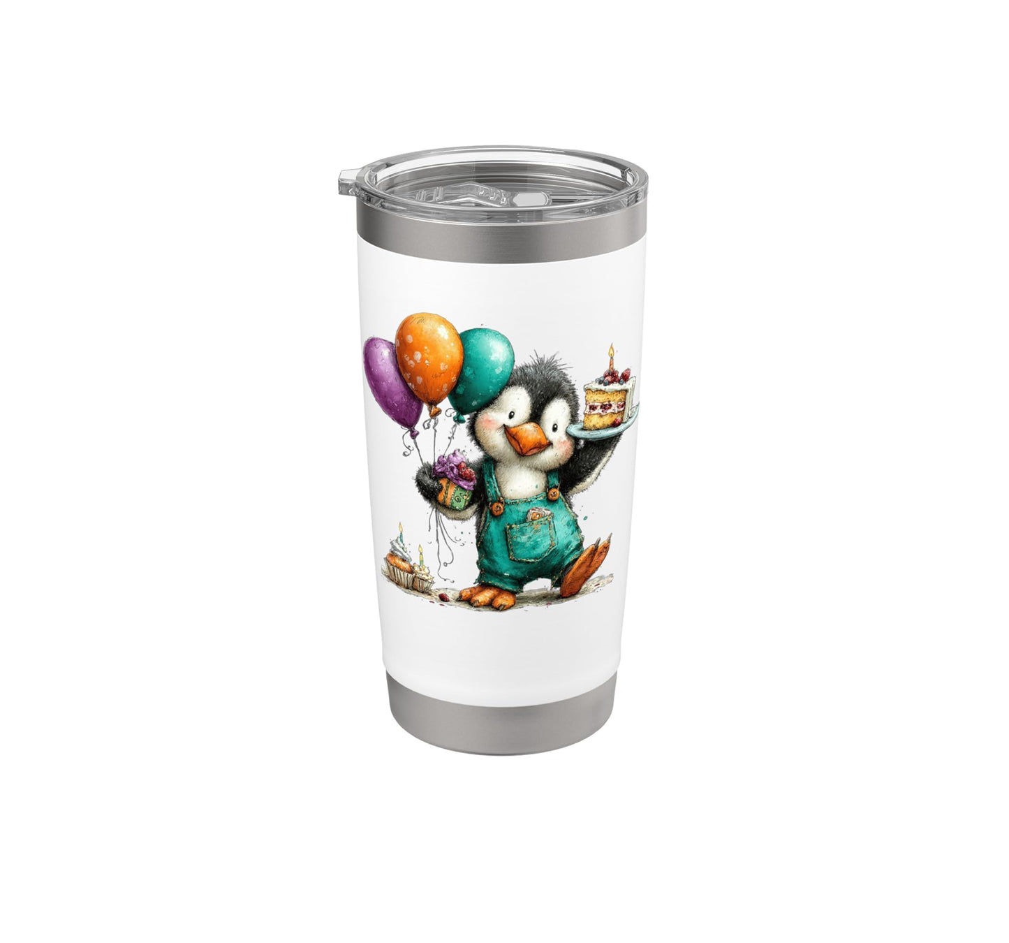 Cute Penguin Birthday Cake Balloons Celebration Stainless Steel Insulated Tumbler