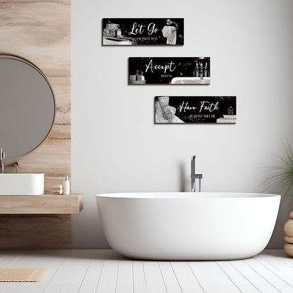 Honoson 3 Pcs Bathroom Decor Wall Art Bathroom Pictures Decor Accept Let Go Have Faith Wood Wall Hanging Sign for Home Spa Laundry 11. 8 x 3. 9 x 0. 2 Inches (Silver)