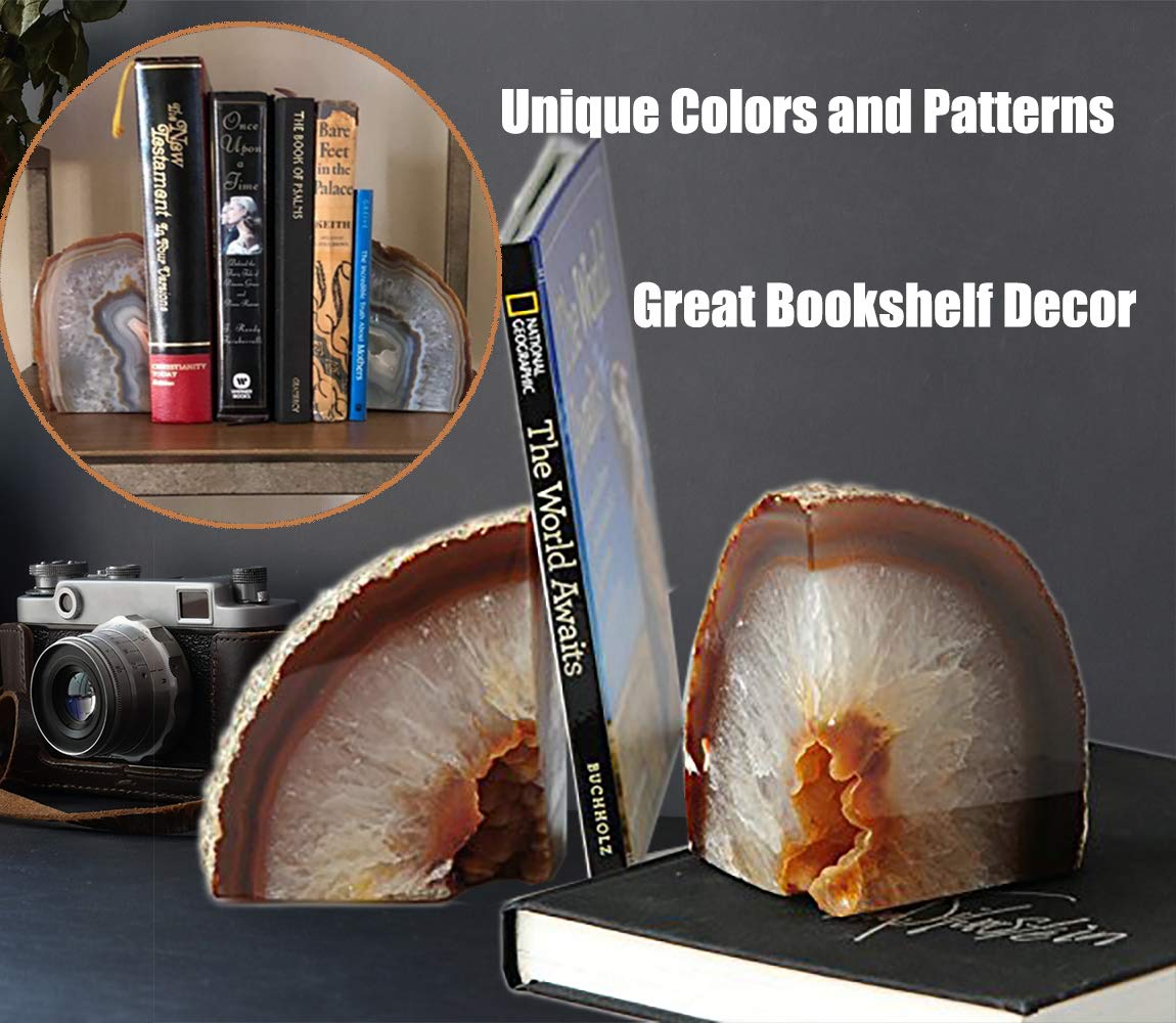 AMOYSTONE Agate Bookends for Shelf Decorative Geode Book Ends for Heavy Books Crystal Bookends for Shelves Nature Brown Small(1 Pair, 2-3 LBS)