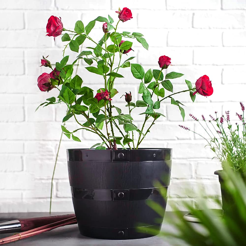 Straame Plant Pot Tub, 50 Liters Gardening Flower Pots - Indoor Or Outdoor Planter - For Multi-Purpose - Makes Your Living Space Bloom (Black Barrel Plantar Large- 45x33x34 cm)