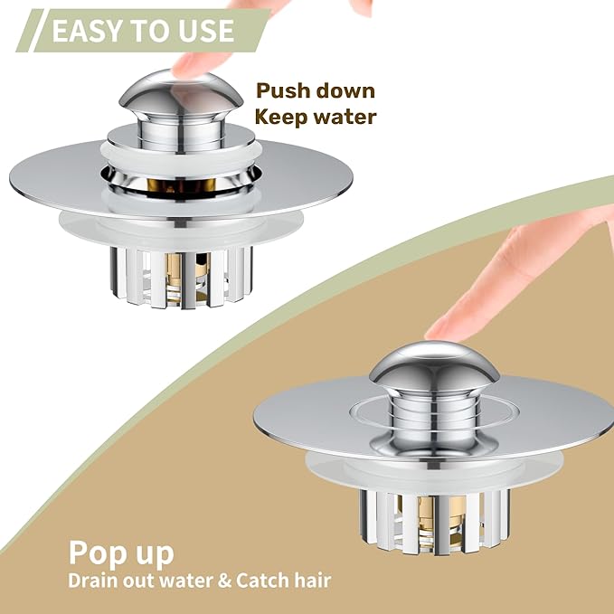 Kitchen Sink Drain Strainer 3 in 1, 304 Stainless Steel Pop Up Sink Stopper