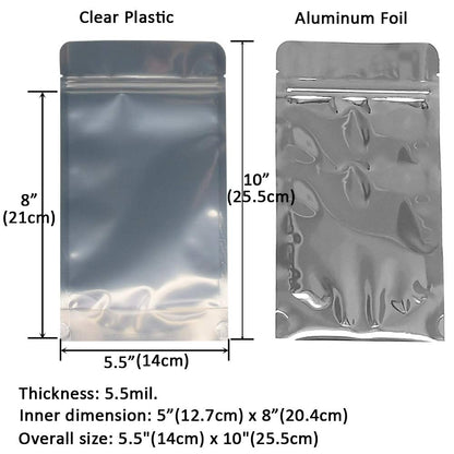 100 Pack 5.5 x 10 Inch Stand Up Pouch Bags Zipper Mylar Bags Clear Front with Aluminum Foil Back Reusable Food Storage Bag for Multipurpose with Gusset Bottom(5.5mil Thickness)
