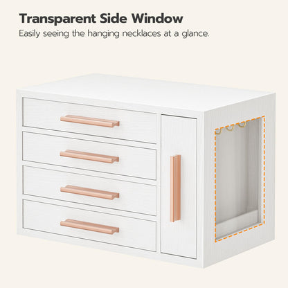 HOOBRO Jewelry Box for Women, Wooden Jewelry Organizer with Transparent Window, 4-Layer Jewelry Organizer Box, Jewelry Holder Organizer for Earrings, Necklaces, Rings, White and Gold WD09JB04