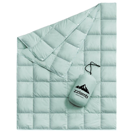 zzlamb Puffy Duck Down Camping Blanket Pale Green, Warm Outdoor Travel Blanket Indoor Down Throw 650 Fill Power, Lightweight & Portable for Couch Backpacking Stadium Airplane Picnic RV Beach, 50x77in