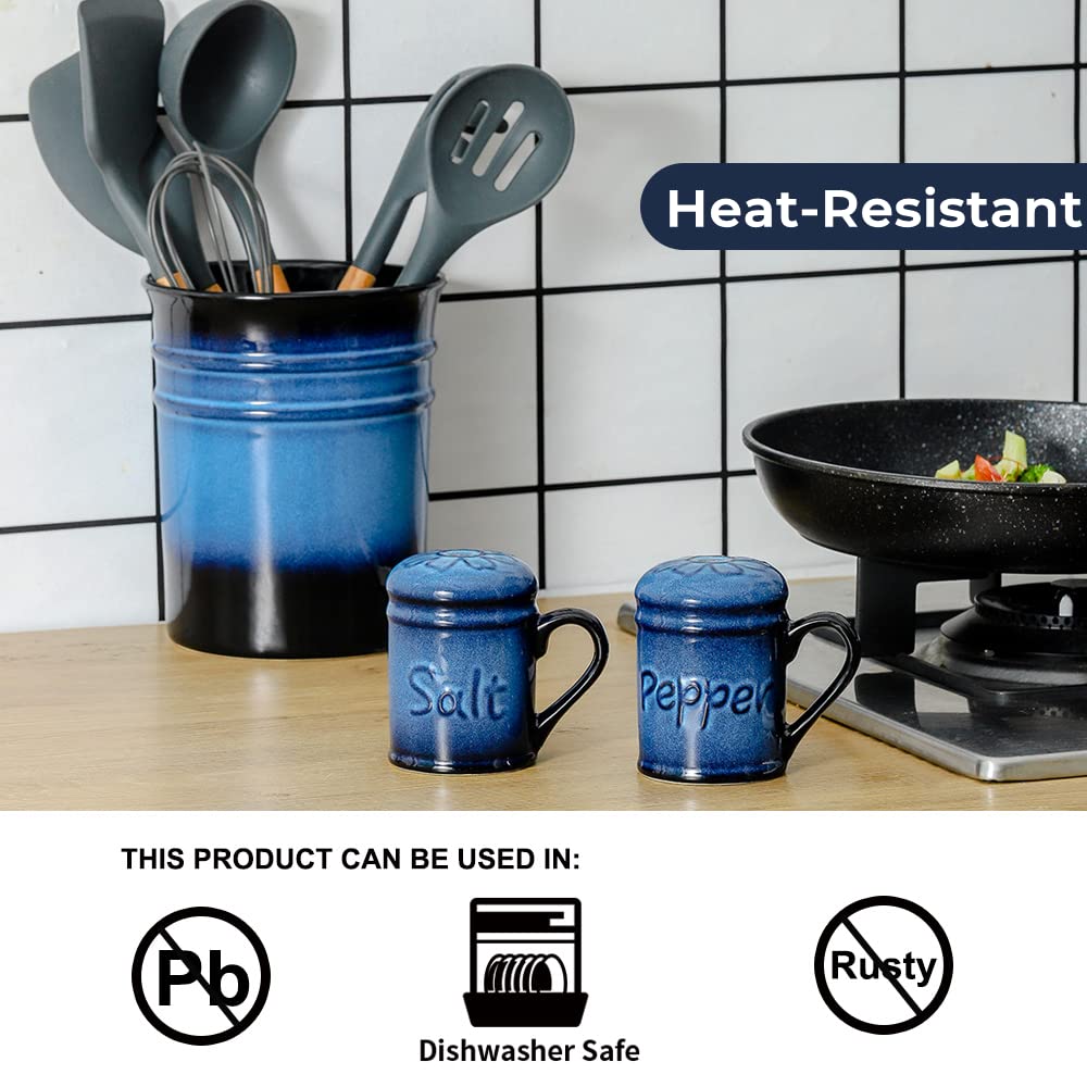Nihow Ceramic Cute Salt and Pepper Shakers Set: 2.6 Inch Salt and Pepper Set/Sugar Salt Shaker with Handle for Counter -Resist Rusting Seasoning Shaker -Elegant Black & Blue (Set of 2)