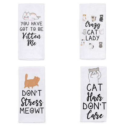 Vinjoy Funny Cat Puns Kitchen Dish Towels Set of 4 – Microfiber Waffle Tea Towels – Housewarming Gifts, Cat Lady Kitchen Gifts, Decorative and Functional Funny Towels for Home, Wedding, Secret Santa