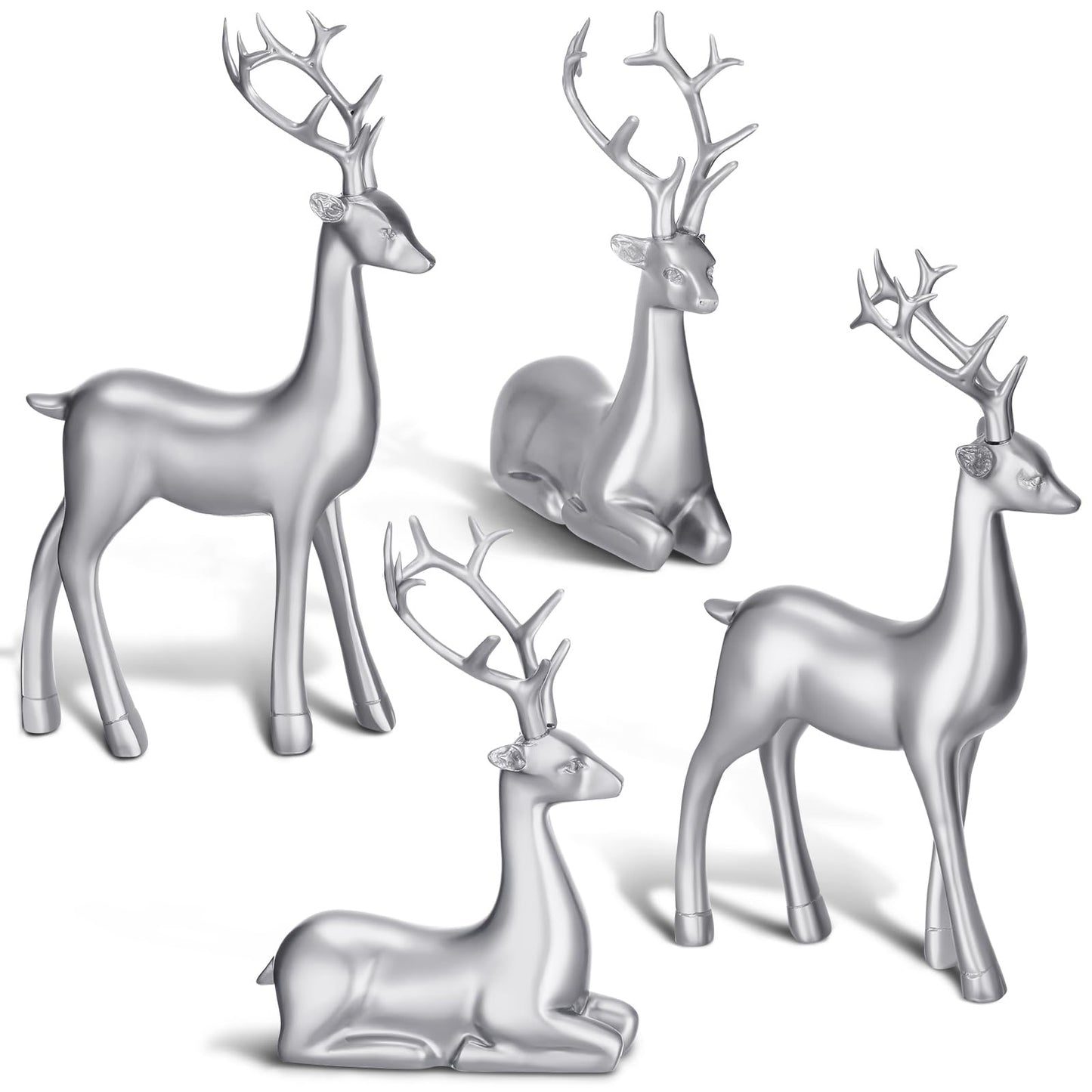 Thyle 4 Pcs Christmas Reindeer Decor Small Resin Standing Sitting Deer Figurine Mini Reindeer Christmas Table Decoration for Home Indoor Xmas Holiday Small Statue Rustic Table Decor(Silver)
