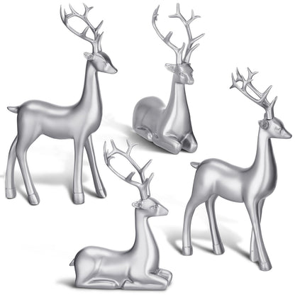 Thyle 4 Pcs Christmas Reindeer Decor Small Resin Standing Sitting Deer Figurine Mini Reindeer Christmas Table Decoration for Home Indoor Xmas Holiday Small Statue Rustic Table Decor(Silver)