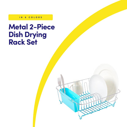 Sweet Home Collection 2 Piece Dish Drying Rack Set Drainer with Utensil Holder Simple Easy to Use Fits in Most Sinks, 14.5" x 13" x 5.25", Turquoise Blue