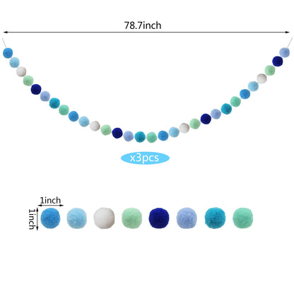 3PCS Blue Pom Pom Garland 6.5 Feet Long with 30 Balls for Party Home Decoration
