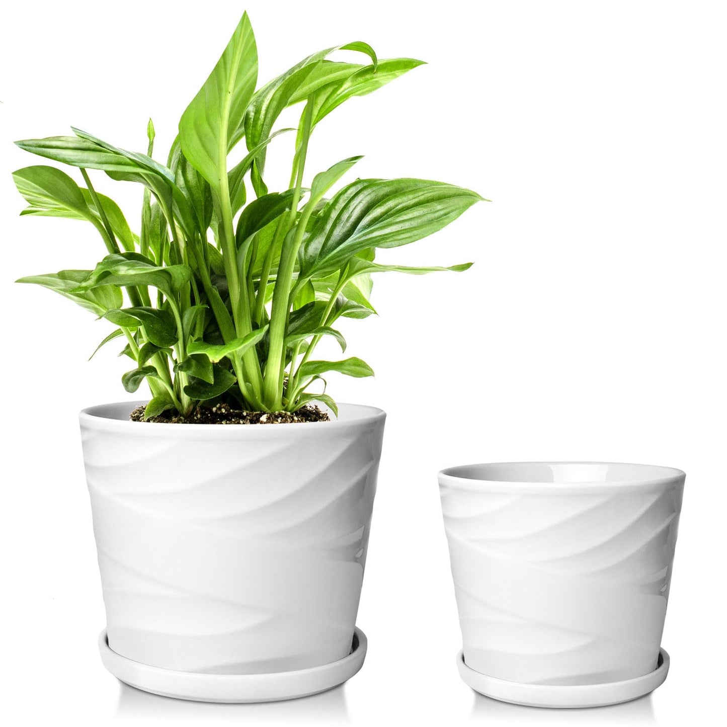 YUFDA 6.7 + 5.5 Inch Plant Pot, Ceramic Planter with Drainage and Saucer,Ceramic Pots for Plants, Indoor Plant pots,Succulent Orchid Flower Pot(Pure White)