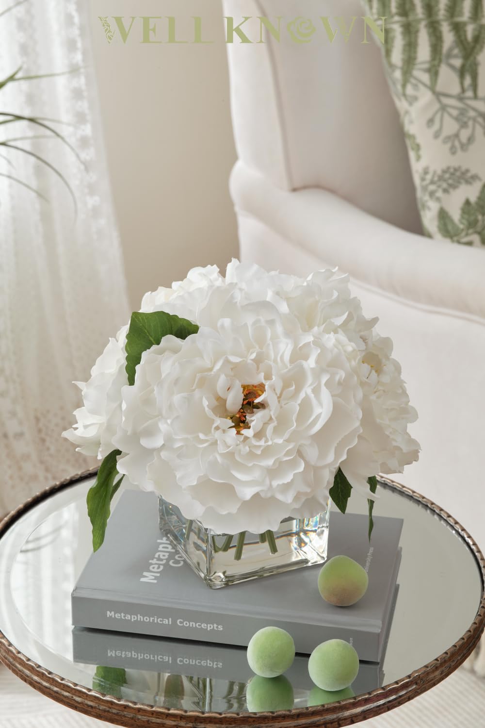 Artificial Peonies Flowers Arrangement in Cube Glass Vase, WELLKNOWN Ivory White Silk Flowers Centerpiece for Home Party Wedding Dining Coffee Table Decor, Faux Peony Flower Bouquet with Fake Water