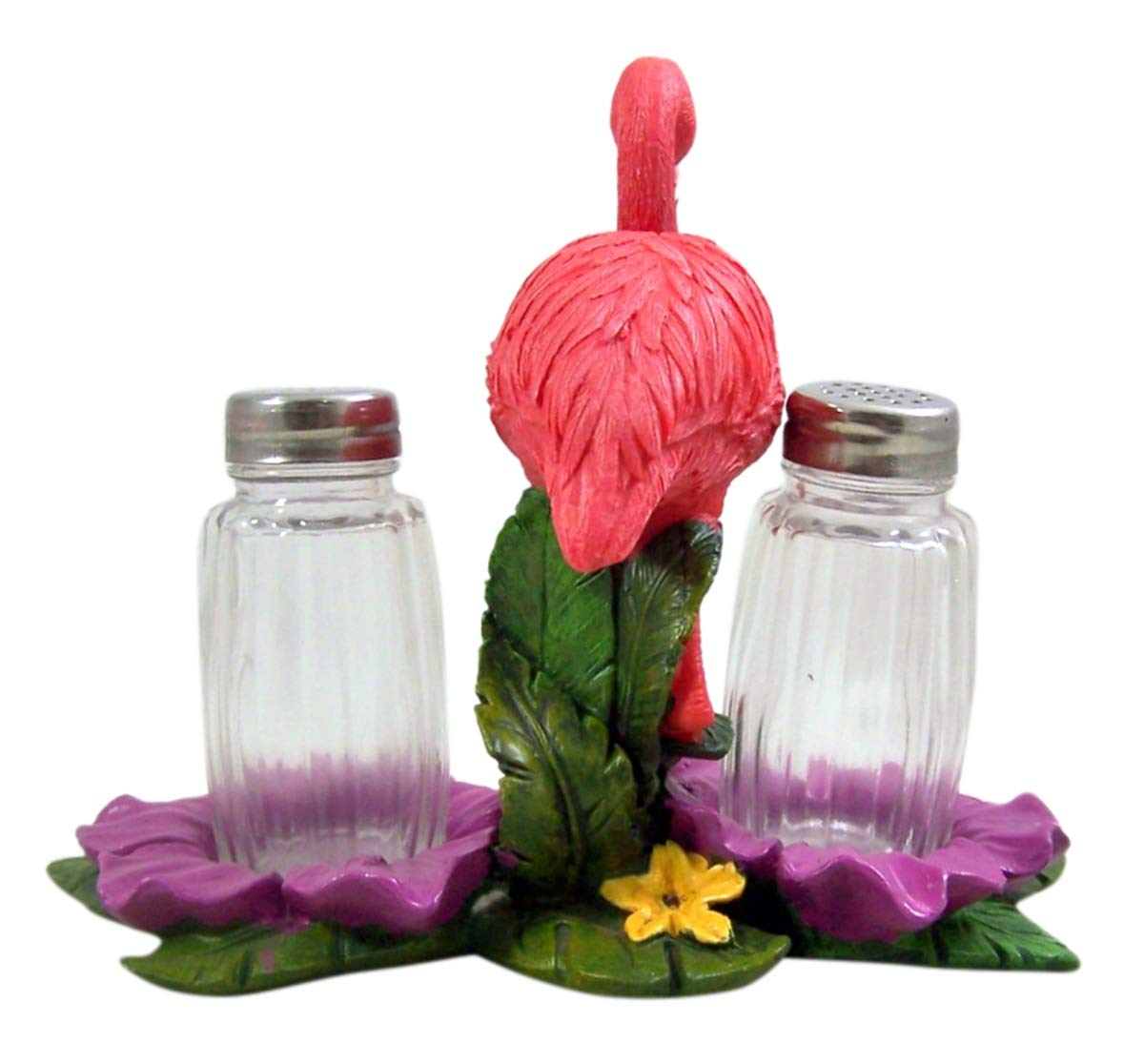 De Leon Collections Polyresin Tropical Pink Flamingo on Palms Floral Coastal Living Salt and Pepper Shaker Holder Set