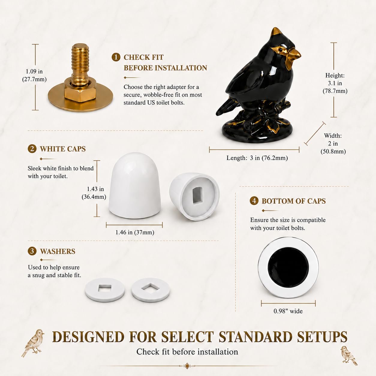 Cardinal Bird Toilet Bolt Covers, 2 Pcs Matte Black Ceramic Toilet Screw Cover Caps with White Floor Bolt Caps & Washers, Gothic Bathroom Decor