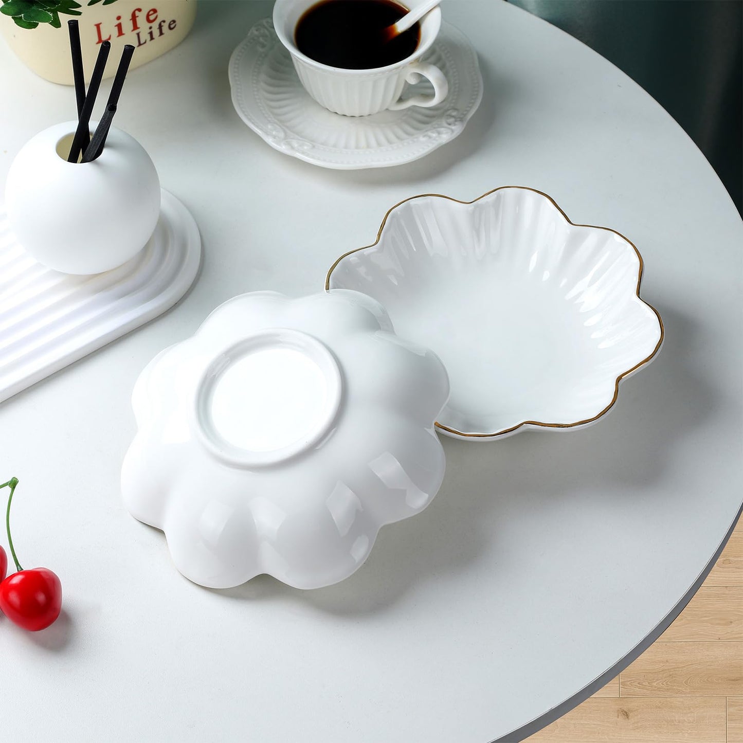 VanEnjoy 2 Pcs 6 Inch Ceramic Candy Dish - White Decorative Bowl With Golden Flower Rim for Office, Wedding, Party, Home - Porcelain Serving Bowl for Snacks, Fruit