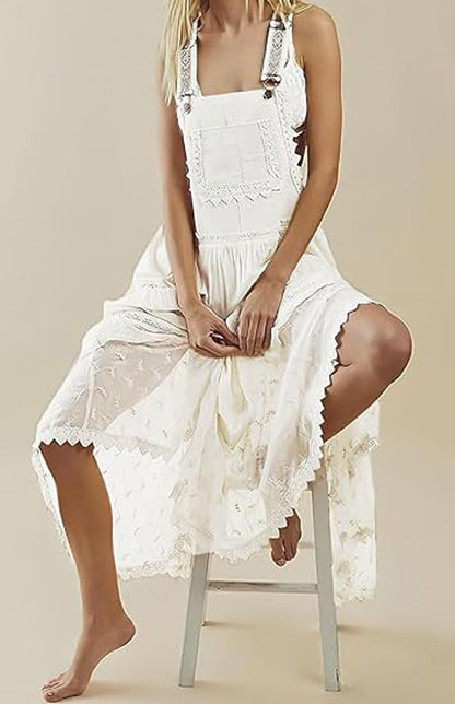 Women's Casual Lace Embroidered Maxi Dress Adjustable Strap Pleated Tiered Swing Long Dress with Pockets