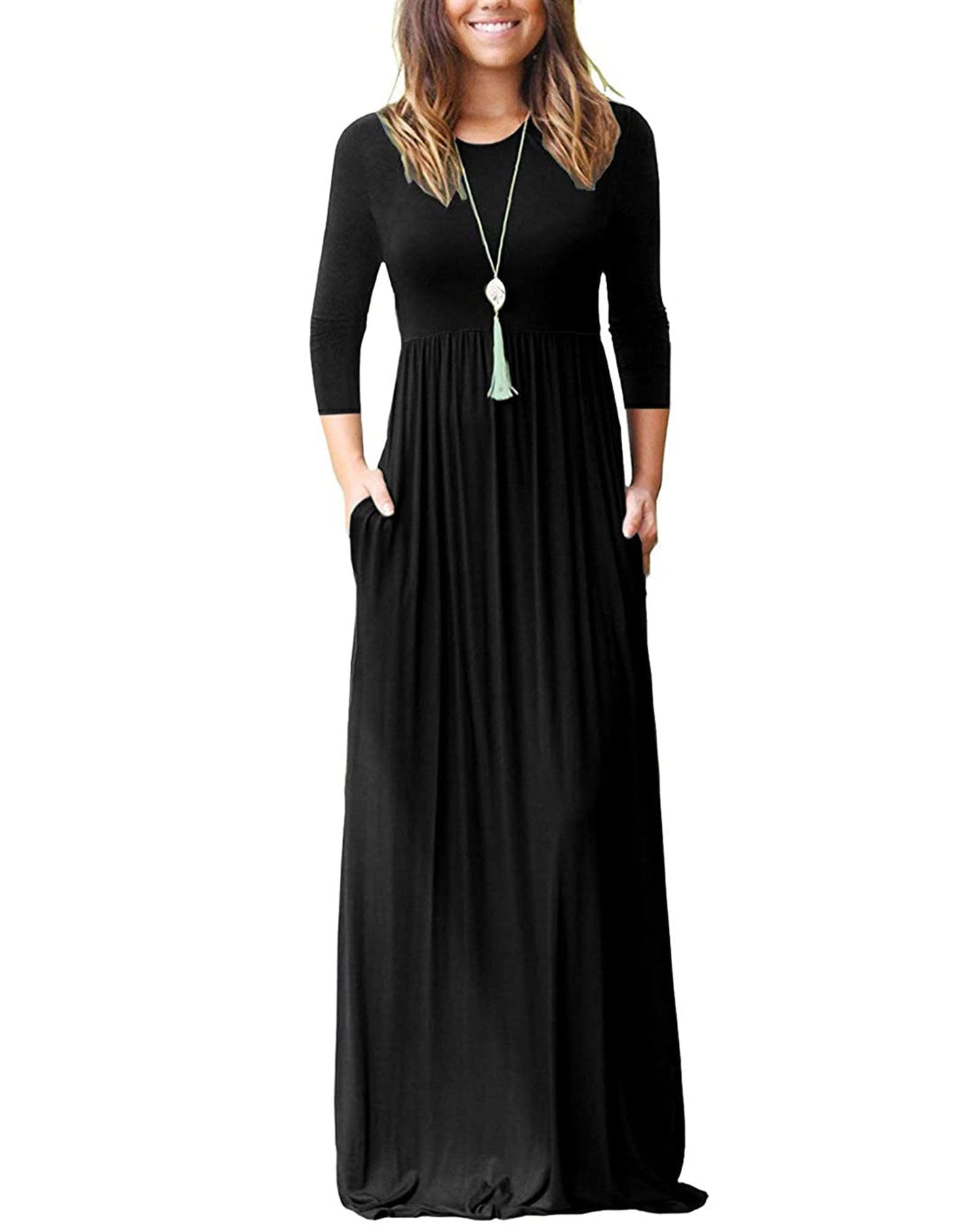 WNEEDU Women's 3/4 Sleeve Loose Casual Long Maxi Dresses with Pockets,Large,Solid Black